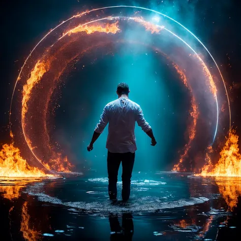 Hydromancer 1man defy the inferno in the fiery depths of a kaleidoscopic hell, creating a living masterpiece amidst the swirling chaos, ring of fire in front of him is a portal of surreal world, realistic, fantasy,  water and puddle around the man, glowing blue water magic floating near to the man