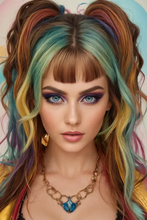 a woman with colorful hair and a necklace with a butterfly on it