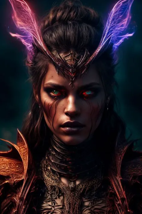 powerfull woman , evil black dragon, glowing red eyes, detailed scales, twisted horns,(cinematic pose),looking at the viewer, fire effects, colorful flying orbs, cosmic city background, tall structures, aurora background, perfect detailed face, perfect hands,detailed symmetric circular iris, shadow black magic, apocalyptic, red lightning effects, dark red sky , infernal city background, tall structures, infernal towers background, dark red colors, apocalyptical,realistic, stunning realistic photograph, 3d render, octane render, intricately detailed, cinematic, Isometric, dark fantasy theme, mystical, Dark theme, underworld theme, deviant art masterpiece, white skin, crimson eyes, dark tattoos, colour grading, dark illustration, extreme quality, extremely detailed, ultra-detailed face, ultra hd 8k,red lightning, concept art, hyperdetailed, triadic colours, fantastical, intricate detail, splash screen, complementary colours, fantasy concept art, 8k resolution, soft lighting, film photography, film grain, hyperrealist