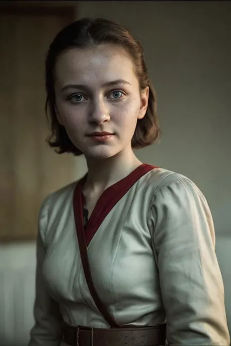 award winning film still, full shot photo of a russian girl, smirk, wearing an old used worn out soviet outfit, exquisite backlighting, dramatic LUT