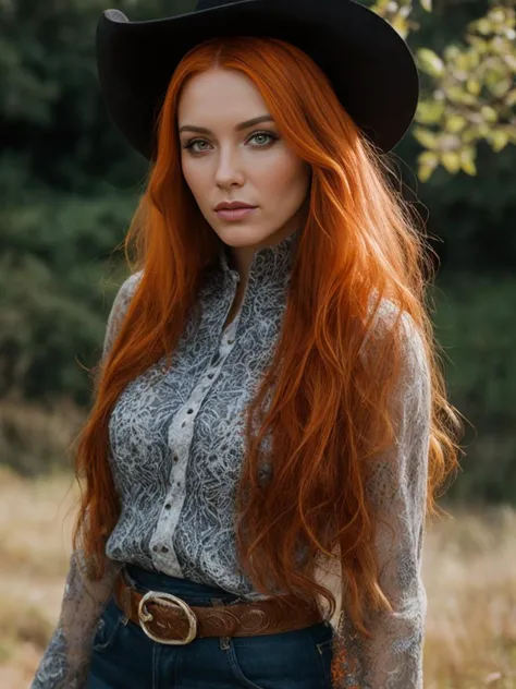 1girl, beautiful, orange hair, fantastical hair, standing in the highlands, eyeliner, focus on eyes, intricate detailed background, cowboy shot, sfw,   <lora:C0r0n4_06B:1> 5un5p0t sun