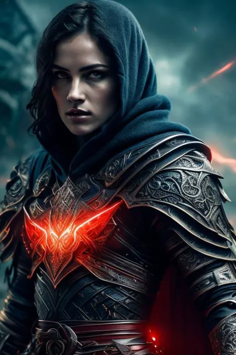 a woman in armor with glowing red eyes and a hoodie