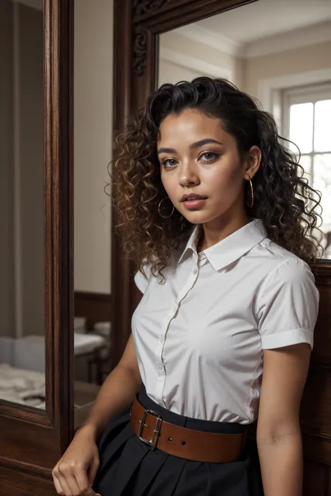 a woman with curly hair wearing a white shirt and black skirt