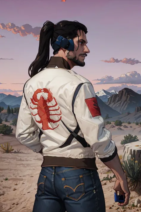 a painting of a man in a white jacket and a red scorpion on his back