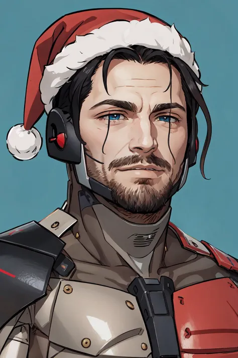 a close up of a man wearing a santa hat and holding a gun