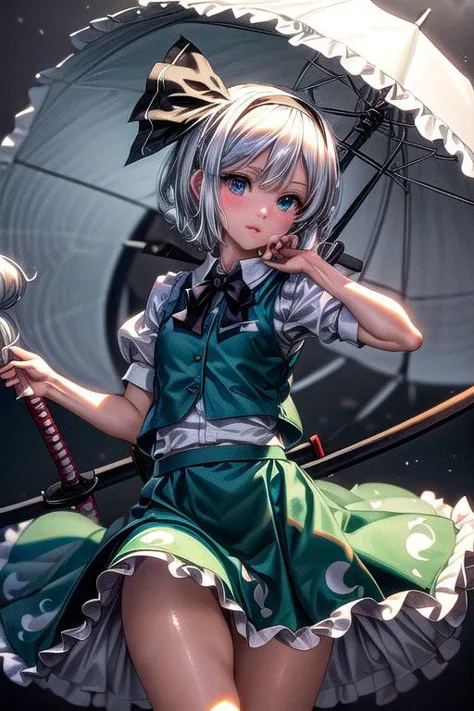 anime girl with a green dress and a white umbrella