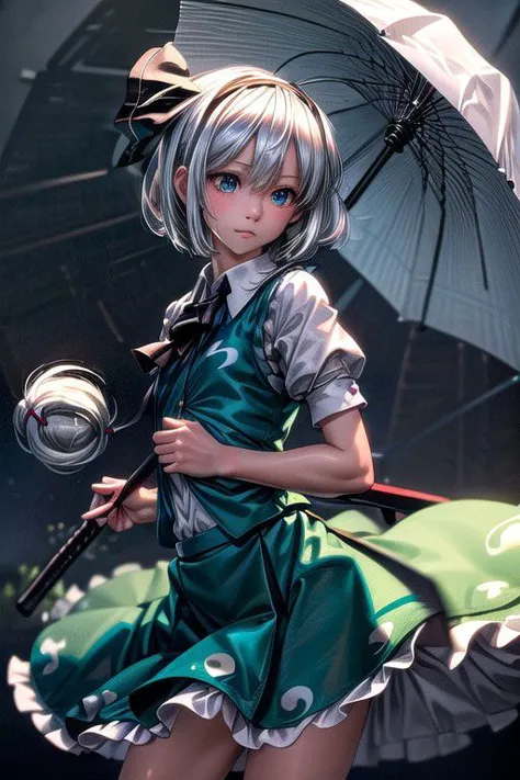 anime girl with umbrella posing for a picture in front of a stage