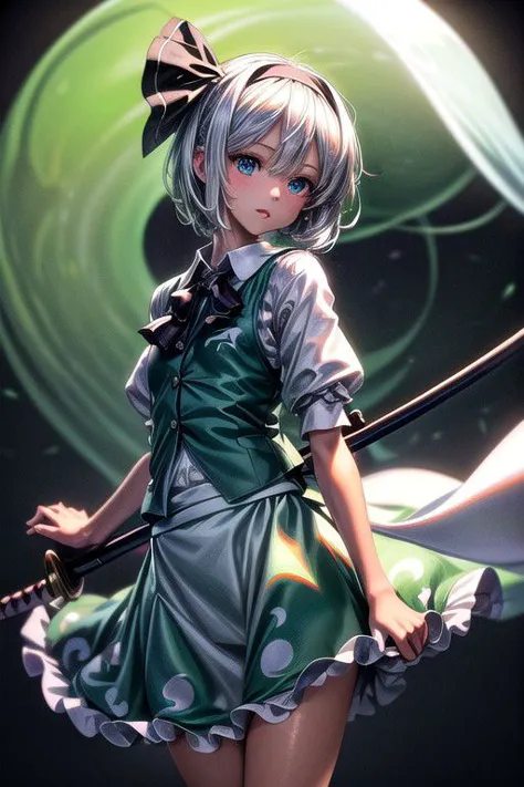 a woman in a green dress holding a sword and a green wave