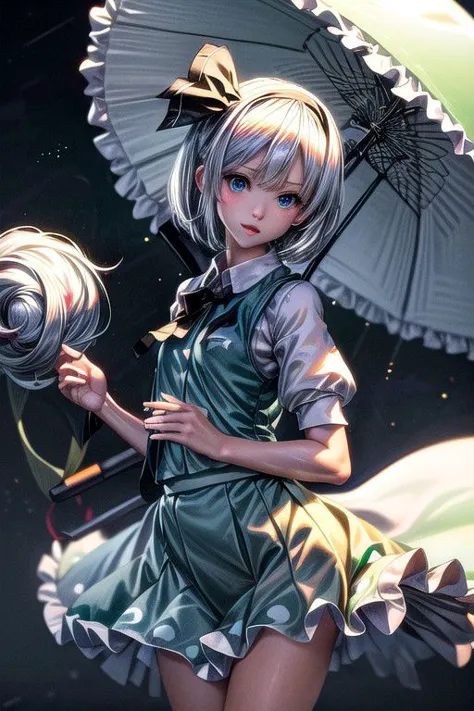 anime girl with umbrella and dress holding a large object