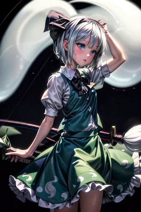 konpaku_youmu_touhou, normal ears, human ears, sshort_hair, ribbon, hairband, black_hairband, hair_ribbon, black_ribbon, bangs, white_hair, vest, blue_eyes, green_vest, sword, katana, hitodama, bow, blush, black_bow, grey_hair, white dress, hat, sailor collar, (masterpiece:1.1)intricate eyes,beautiful detailed eyes,symmetrical eyes,(deep blue eyes), (glowing eyes:1), glowing eyes,((((lustrous skin:1.5,tanned skin,bright skin: 1.5, shiny skin,shiny body,Reflective skin)))),(detailed face)),beautiful detailed lips, cute,opulent,sumptuous,(centered,scale to fit dimensions,Rule of thirds), (ultra detailed,extremely detailed),(photorealistic artwork:1.37),(extremely detailed CG unity 8k wallpaper),(((vibrant colors,vibrant theme))),(intricate),(masterpiece),(best quality),