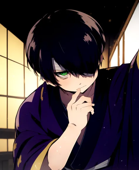 takasugi, 1boy, green eyes, short hair,  black hair, solo, japanese clothes, kimono, hair over one eye, bandages, bandage over o...