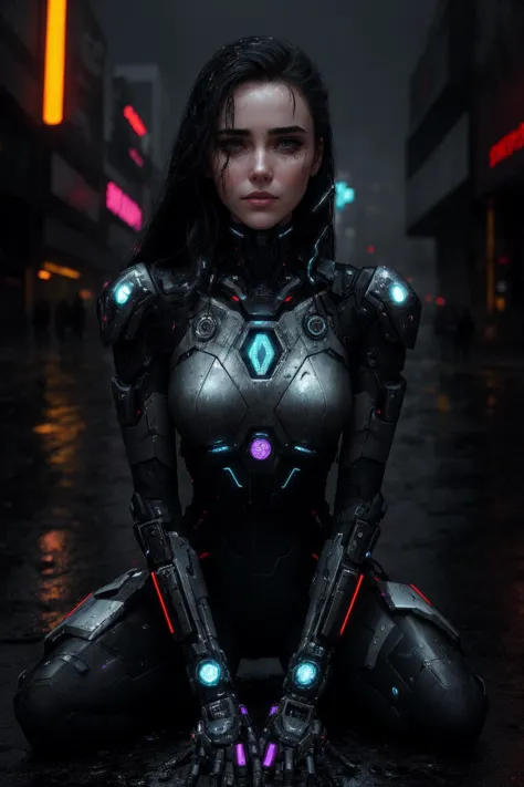 On a rainy night in the heart of a foggy, futuristic cyberpunk city, a young woman Jennifer connelly ( jenn1f1850) (sitting on t...