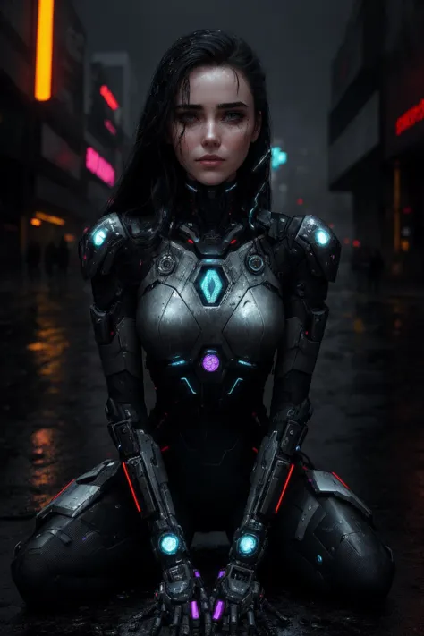 On a rainy night in the heart of a foggy, futuristic cyberpunk city, a young woman Jennifer connelly ( jenn1f1850) (sitting on the ground with their knees bent) in the middle of a sprawling plaza. Her appearance is a striking blend of human fragility and cybernetic augmentation, embodying the very essence of this dystopian world.
The raindrops cascade down from the dark, oppressive sky, leaving shimmering trails on her face. Her skin, porcelain-pale and streaked with rainwater, contrasts sharply with the exposed cybernetic implants that crisscross her body. Glistening metal and synthetic flesh merge seamlessly, revealing her status as a living machine.
Her eyes, enhanced with cybernetic optics, flicker with a hint of vulnerability beneath the damp strands of raven-black hair that cling to her face. The smudged makeup around her eyes, once carefully applied but now streaked by the rain, accentuates the turmoil etched across her countenance.
She wears a tattered, high-tech trench coat, its once lustrous black fabric now dulled by exposure to the elements. The coat clings to her form, the fabric adorned with faintly glowing circuitry patterns. Patches of synthetic skin peek out from beneath the torn edges of her clothing, showcasing her visible cybernetic enhancements.
Her hands, a fusion of human flesh and mechanical precision, rest gently on her lap. The fingertips, equipped with sensor arrays, are stained with mud and rain. A network of intricate, bioluminescent tattoos courses across her arms, revealing her connection to the digital realm.
At her side, a holster houses a sleek, black firearm, its metallic surface slick with rainwater, hinting at the perilous world she navigates. Despite the vulnerability and disarray, her presence in the plaza is enigmatic, evoking a sense of mystery in this dystopian city where human and machine collide in a constant struggle for survival.   <lora:DDRunnyMakeupMascara_v01:0.5>