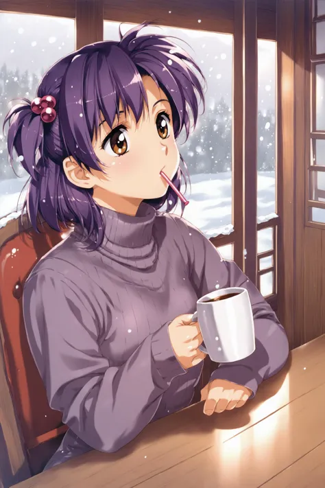 anime girl with purple hair sitting at a table with a cup of coffee