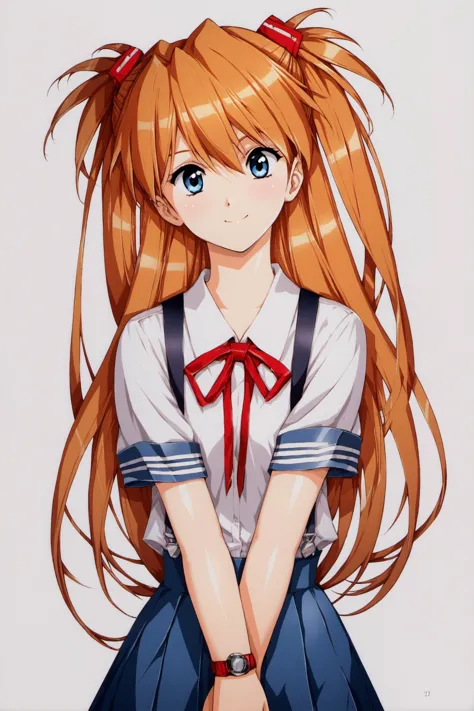 anime girl with long red hair and blue eyes in a school uniform