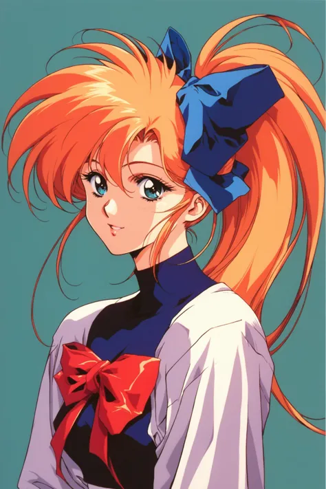 1girl,solo,thighhighs,long hair,orange hair,skirt,retro artstyle,bow,hair bow,long sleeves,1990s (style),ponytail,looking at viewer,light smile,upper body,Old Version,score_9,score_8_up,<lora:Urushihara Satoshi_XL_PONY_V2:0.8>,