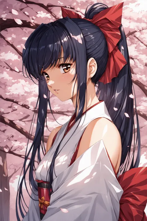 a close up of a woman with long hair and a red bow