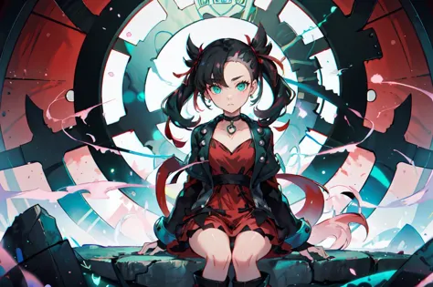 ultra detailed, masterpiece, best quality, solo,
 <lora:marnie_pokemon:1> marnie pokemon, marnie \(pokemon\), teal eyes, green eyes, black hair, medium hair, asymmetrical bangs, black choker, red hair ribbons, earrings, pink dress, open jacket, black jacket, black nail polish, black boots,