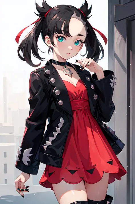 ultra detailed, masterpiece, best quality, solo,
 <lora:marnie_pokemon:1> marnie pokemon, marnie \(pokemon\), teal eyes, green eyes, black hair, medium hair, asymmetrical bangs, black choker, red hair ribbons, earrings, pink dress, open jacket, black jacket, black nail polish, black boots,