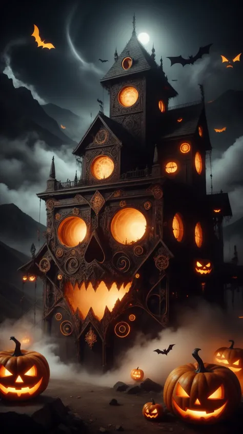 a large house with pumpkins and bats in front of it