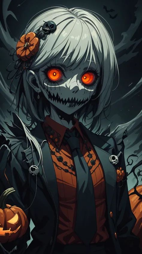 a woman with white hair and red eyes holding a pumpkin