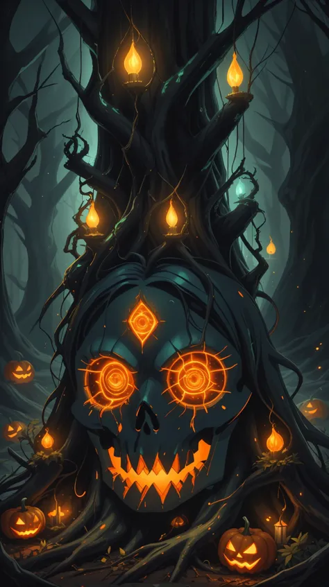 a painting of a scary face in the woods with pumpkins