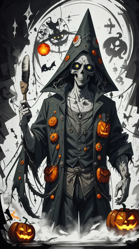 a drawing of a man in a hooded jacket holding a knife and pumpkins