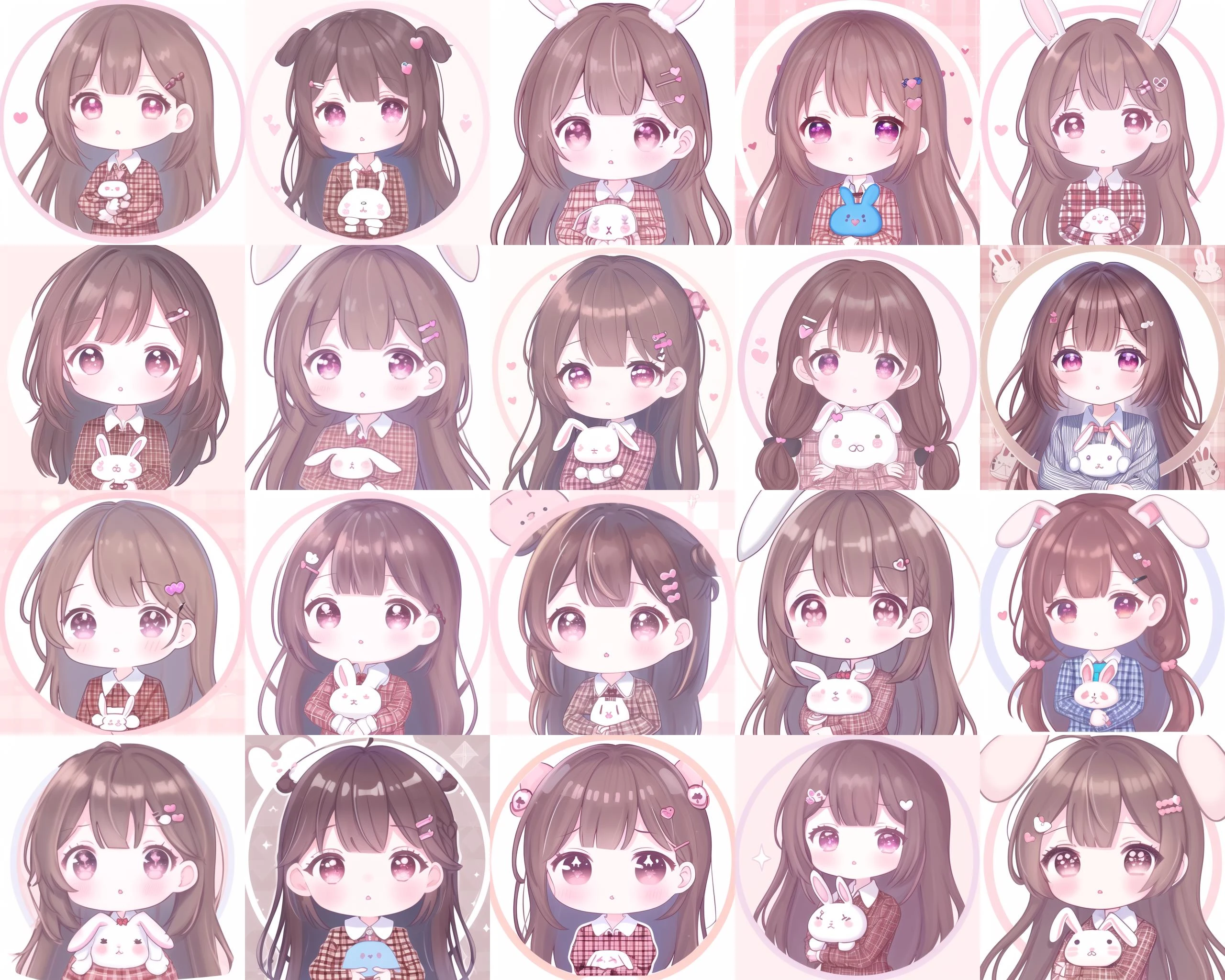 round image, caizi touxiang, 1girl, heart, solo, hair ornament, virtual youtuber, symbol-shaped pupils, ahoge, brown hair, heart-shaped pupils, stuffed toy, long hair, plaid, blush, stuffed animal, bangs, brown eyes, shirt, holding, outline, heart ahoge, white outline, holding stuffed toy, stuffed bunny, plaid shirt, upper body, collared shirt, chibi, parted lips, rabbit hair ornament, looking at viewer, long sleeves, simple background, sparkle, unmoving pattern, hairclip