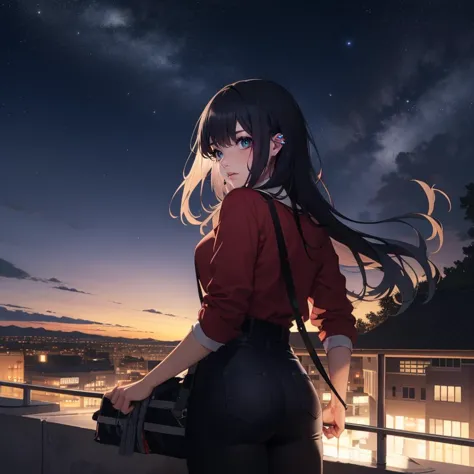 anime girl with long hair standing on a balcony at night