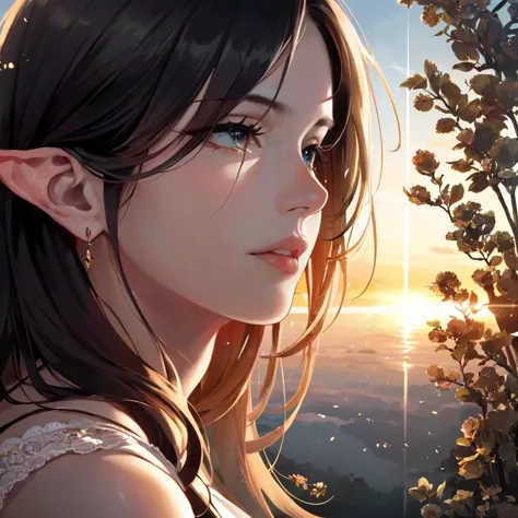 anime girl with long hair and blue eyes looking at the sunset