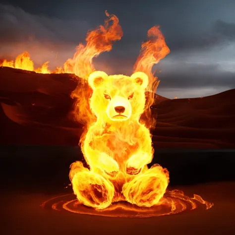 arafed image of a teddy bear sitting on a fire circle