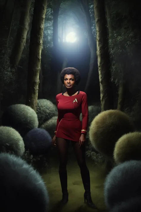1girl, 18 years old, Nichelle Nichols as lieutenant Uhura, Star Trek The Original Series, short messy hair, black hair, red dres...