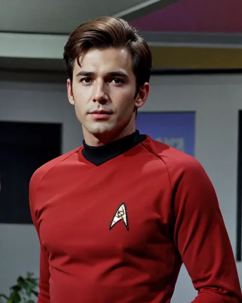 young man in red  startrektos  uniform
masterpiece, best quality, soft light, bokeh, real shadow, cinematic, subsurface scutteri...
