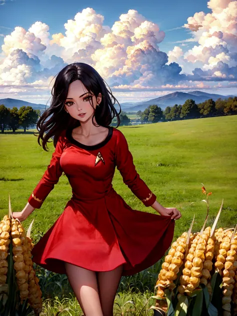 (red startrektos dress:1.3),(best quality:1.0), (ultra highres:1.0),1girl ,in a field of corn,shiny sky,clouds in shape of space...