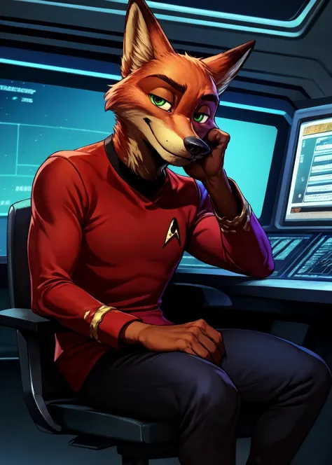 by Oaks16, by Wildering, by Albrecht Anker, solo (nick wilde), (startrektos red uniform with black pants:1.3), sitting, three-qu...