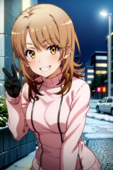 <lora:oregairu:0.8>, (isshikiIroha:1.5), masterpiece, best quality, absurdres, 1girl, looking at viewer, standing, upper body, outdoors, street, city, snow, turtleneck, pink sweater, evil smile, grin, leaning forward, gloves, night