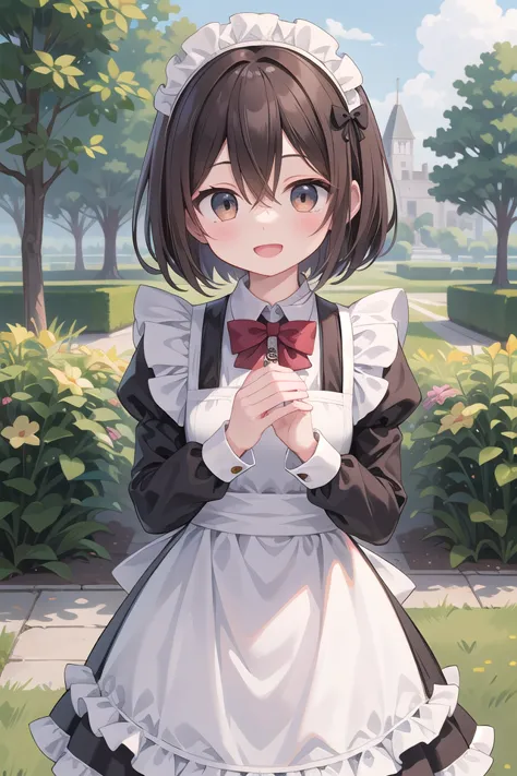 insanely detailed, absurdres, ultra-highres, ultra-detailed, best quality,
1girl, solo, nice hands, perfect hands
BREAK
(cleavage:-1.5),
(traditional maid:1.2),
apron, blush, bow, bowtie, frilled apron, frills, long sleeves, maid, maid apron, maid headdress, waist apron, white apron,
(maid costume, maid hair dress:1.3), long skirt
BREAK
happy smile, laugh, open mouth
BREAK
,
standing, cowboy shot, looking at viewer
BREAK
slender, kawaii, perfect symmetrical face, ultra cute girl, ultra cute face, ultra detailed eyes, ultra detailed hair, ultra cute, ultra beautiful
BREAK
fantasy world, garden of a castle, depth of field, ultra detailed background
BREAK
medium breasts
BREAK
(brown hair, brown eyes), short bob cut, hair between eyes