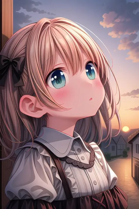 ultra-detailed,masterpiece,best quality,close up,outdoor,town,1girl,sunset,upper body,looking up viewer,blush 