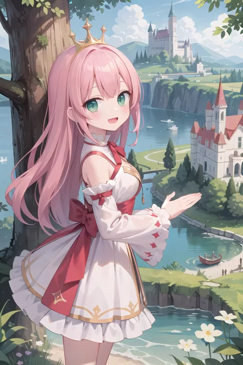 insanely detailed, absurdres, ultra-highres, ultra-detailed, best quality,
1 girl, solo, nice hands, perfect hands,
BREAK,
(wearing princess dress), teara,
happy smile, laugh, open mouth,
standing,
from side, cowboy shot, looking at viewer,
BREAK,
slender, kawaii, perfect symmetrical face, ultra cute girl, ultra cute face, ultra detailed eyes, ultra detailed hair, ultra cute, ultra beautiful,
BREAK,
fantasy world, (castle in background, lake:1.3), (very wide, panorama view, sense of depth, magnificent view:1.3)
BREAK,
princess girl, pink hair, green eyes, medium breasts