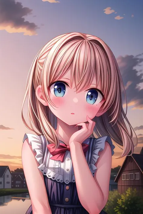 ultra-detailed,masterpiece,best quality,close up,outdoor,town,1girl,sunset,upper body,looking up viewer,blush <lora:hyperdetaile...