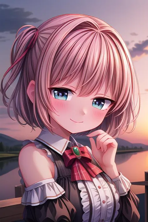 ultra-detailed,masterpiece,best quality,close up,outdoor,town,1girl,sunset,upper body,looking at viewer,blush, evil smile<lora:h...