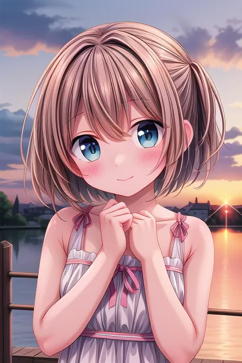 ultra-detailed,masterpiece,best quality,close up,outdoor,town,1girl,sunset,upper body,looking at viewer,blush, <lora:hyperdetail...