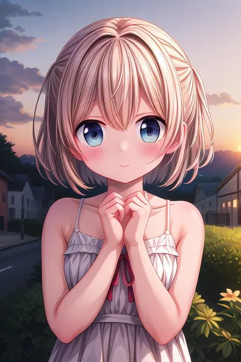 ultra-detailed,masterpiece,best quality,close up,outdoor,town,1girl,sunset,upper body,looking at viewer,blush, <lora:hyperdetail...