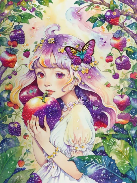 (((portrait))) ,(((masterpiece))),(((best quality))), ((ultra-detailed)), (illustration), ((an extremely delicate and beautiful)),floating, (beautiful detailed eyes), (detailed light),(((fruit))),flowers,(((((colorful))))),garden,by alan lee,colorful background,forest,bird,butterfly,<lora:mkru:1>mkru:1