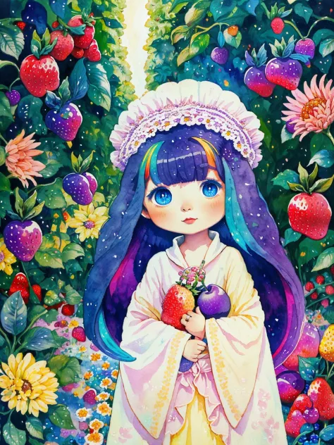 (((portrait))) ,(((masterpiece))),(((best quality))), ((ultra-detailed)), (illustration), ((an extremely delicate and beautiful)),floating, (beautiful detailed eyes), (detailed light),(((fruit))),flowers,(((((colorful))))),garden,by alan lee,colorful background,forest,bird,butterfly,<lora:mkru:1>mkru chibi