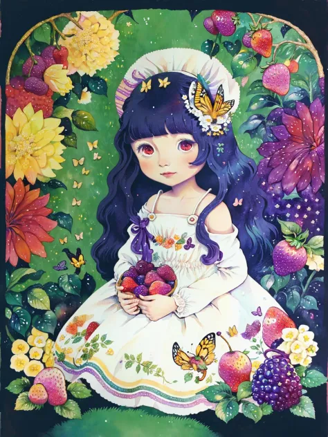 (((portrait))) ,(((masterpiece))),(((best quality))), ((ultra-detailed)), (illustration), ((an extremely delicate and beautiful)),floating, (beautiful detailed eyes), (detailed light),(((fruit))),flowers,(((((colorful))))),garden,by alan lee,colorful background,forest,bird,butterfly,<lora:mkru:1>mkru:1