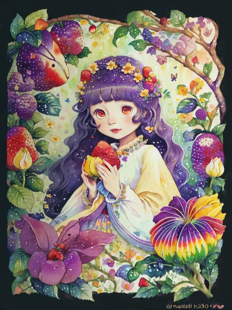 (((portrait))) ,(((masterpiece))),(((best quality))), ((ultra-detailed)), (illustration), ((an extremely delicate and beautiful)),floating, (beautiful detailed eyes), (detailed light),(((fruit))),flowers,(((((colorful))))),garden,by alan lee,colorful background,forest,bird,butterfly,<lora:mkru:1>mkru:1