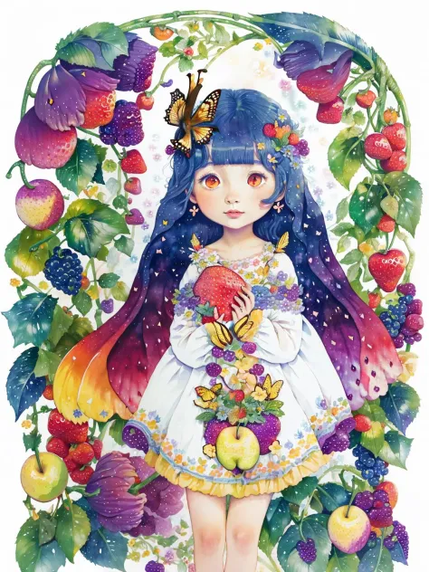 (((portrait))) ,(((masterpiece))),(((best quality))), ((ultra-detailed)), (illustration), ((an extremely delicate and beautiful)),floating, (beautiful detailed eyes), (detailed light),(((fruit))),flowers,(((((colorful))))),garden,by alan lee,colorful background,forest,bird,butterfly,<lora:mkru:1>mkru:1