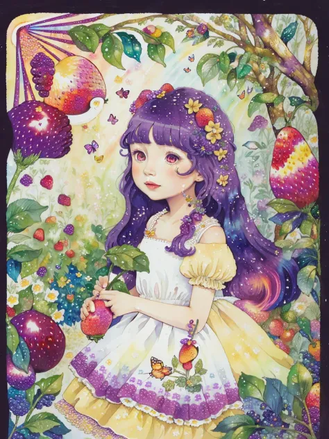 (((portrait))) ,(((masterpiece))),(((best quality))), ((ultra-detailed)), (illustration), ((an extremely delicate and beautiful)),floating, (beautiful detailed eyes), (detailed light),(((fruit))),flowers,(((((colorful))))),garden,by alan lee,colorful background,forest,bird,butterfly,<lora:mkru:1>mkru:1