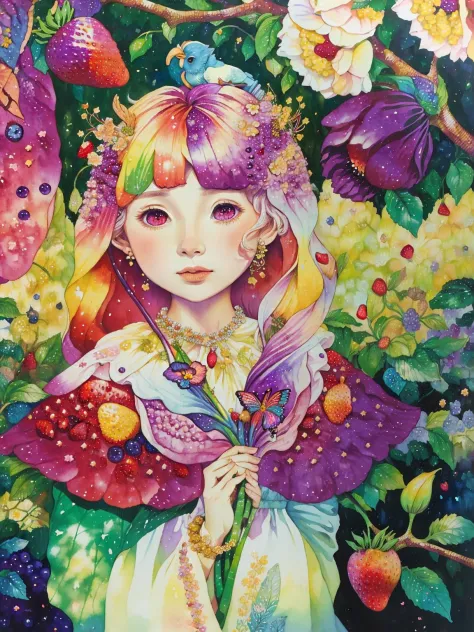 (((portrait))) ,(((masterpiece))),(((best quality))), ((ultra-detailed)), (illustration), ((an extremely delicate and beautiful)),floating, (beautiful detailed eyes), (detailed light),(((fruit))),flowers,(((((colorful))))),garden,by alan lee,colorful background,forest,bird,butterfly,<lora:mkru:1>mkru:1